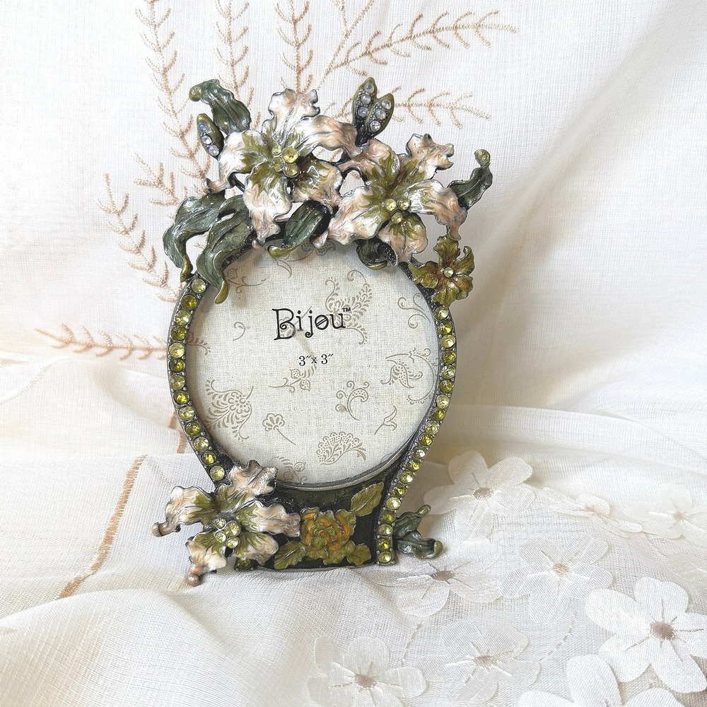 Bijou Picture Frame Floral Enamel Rhinestone VTG Art Nouveau Style 3x3 Whimsical